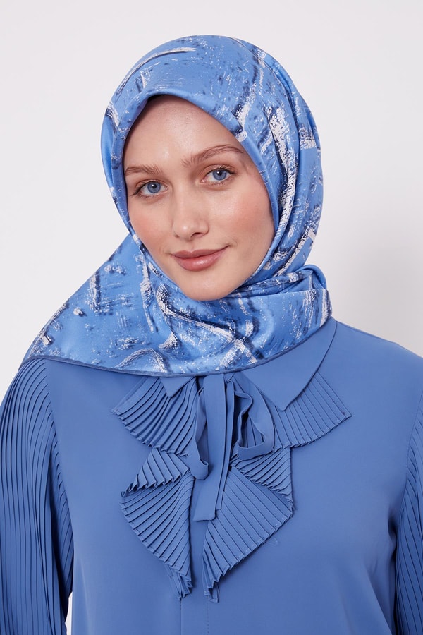LevidorMavi Karışık Fırça Desen Twill İpek Eşarp