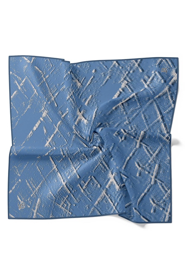 LevidorMavi Karışık Fırça Desen Twill İpek Eşarp