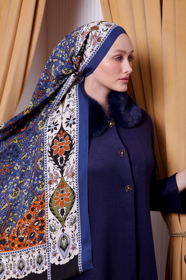 LevidorMavi Kenar Motif Desen Royal Şal