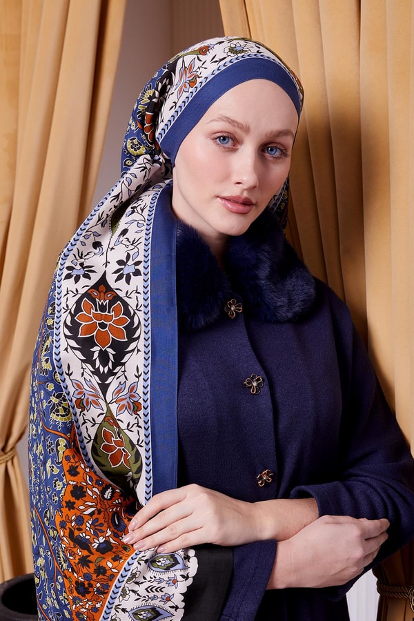 LevidorMavi Kenar Motif Desen Royal Şal