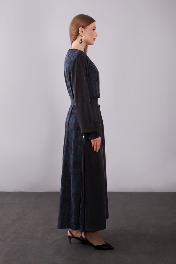 LevidorMavi Kendinden Desenli Cupra Elbise