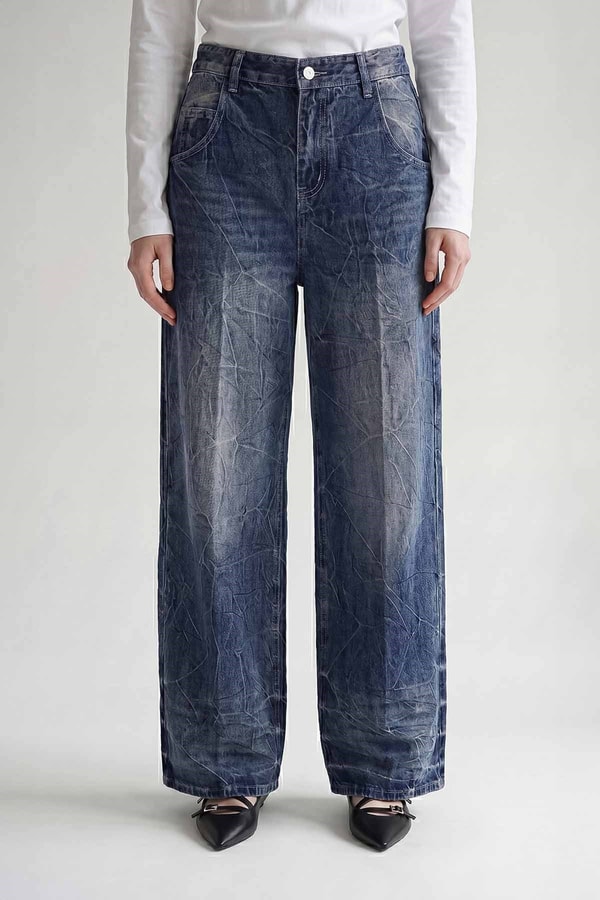 LevidorMavi Kırışık Görünümlü Geniş Paça Jean
