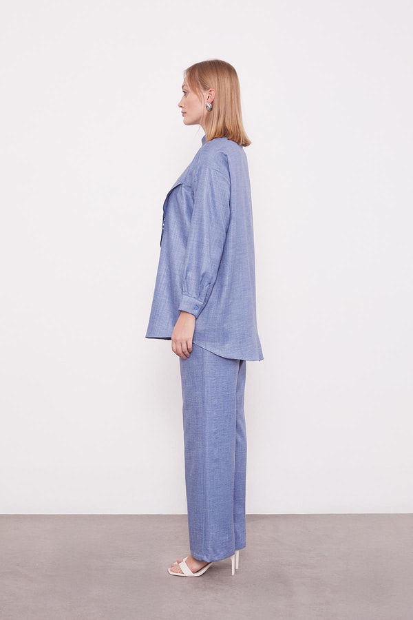 LevidorMavi Nakış Gül Detaylı Tunik Takım