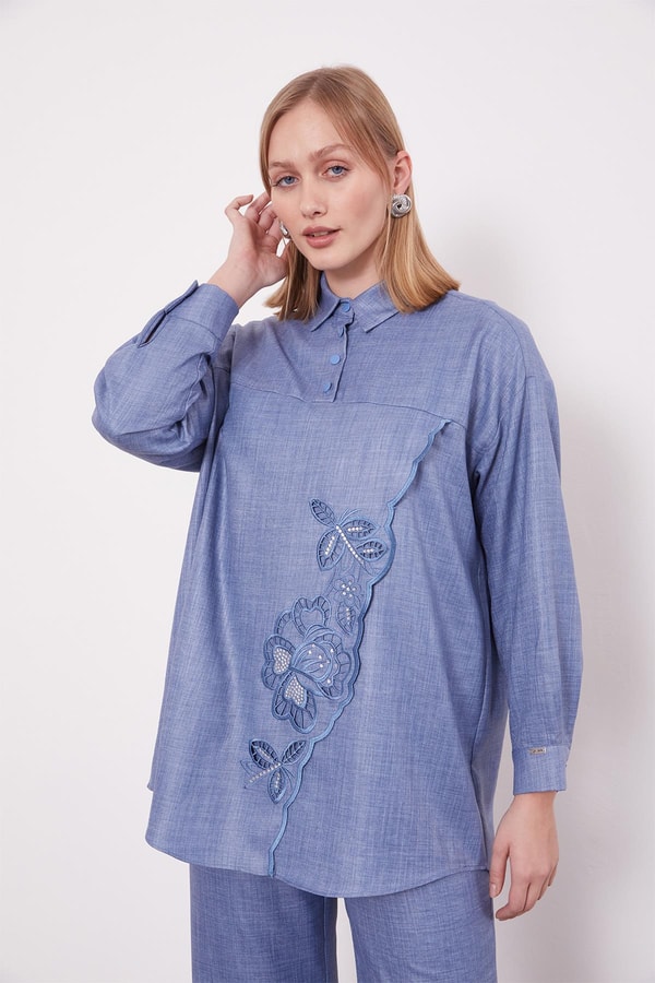 LevidorMavi Nakış Gül Detaylı Tunik Takım