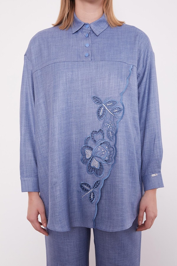 LevidorMavi Nakış Gül Detaylı Tunik Takım