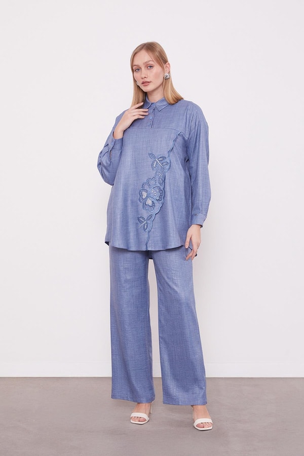 LevidorMavi Nakış Gül Detaylı Tunik Takım