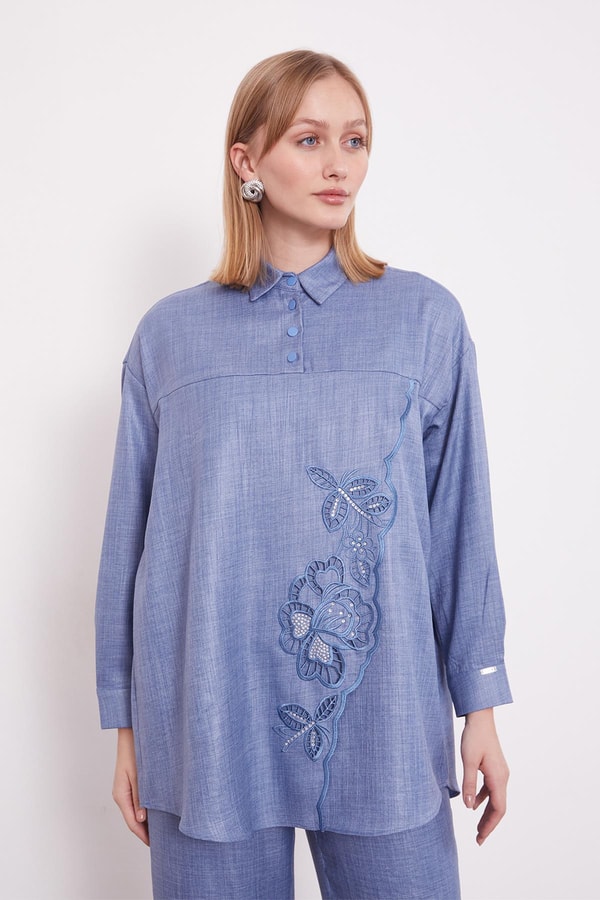 LevidorMavi Nakış Gül Detaylı Tunik Takım