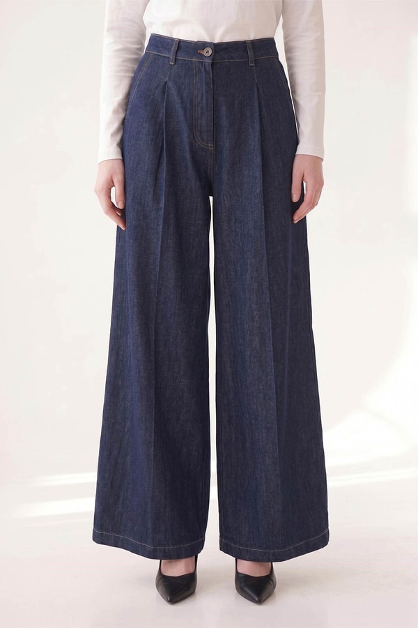 LevidorMavi Pileli Bol Paça Denim Pantolon