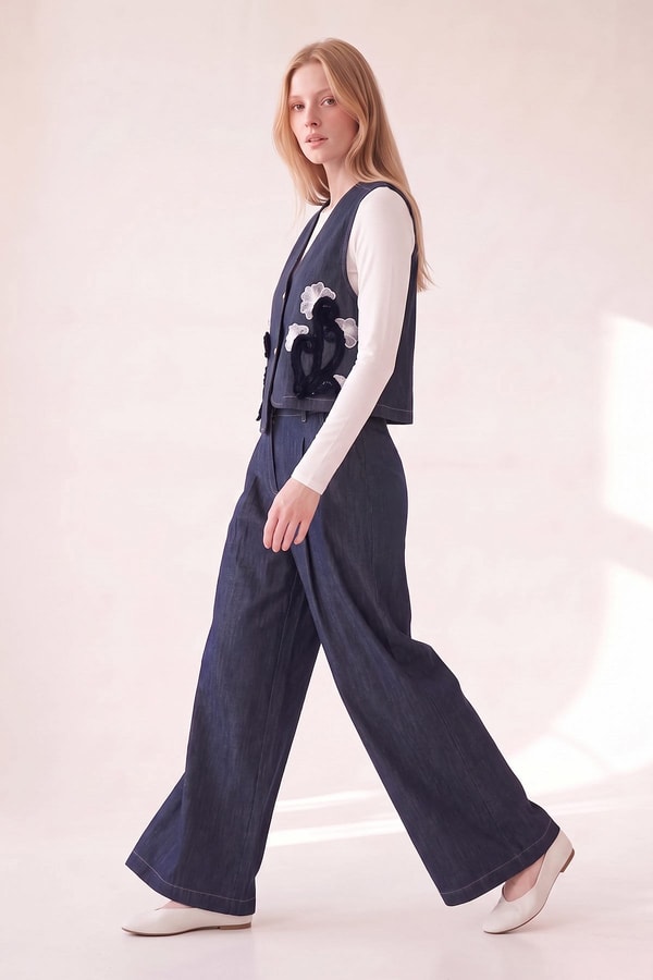LevidorMavi Pileli Bol Paça Denim Pantolon