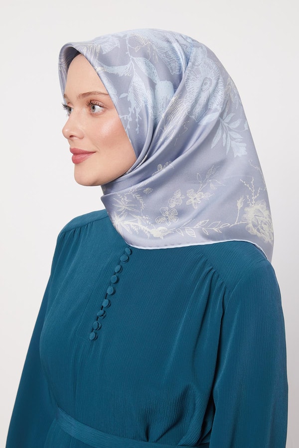 LevidorMavi Soyut Gül Desen Twill İpek Eşarp