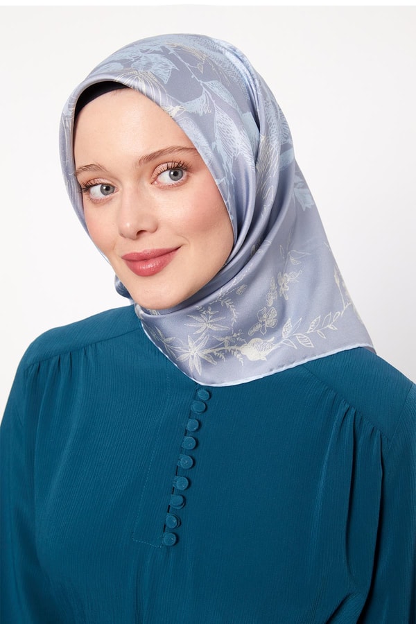 LevidorMavi Soyut Gül Desen Twill İpek Eşarp