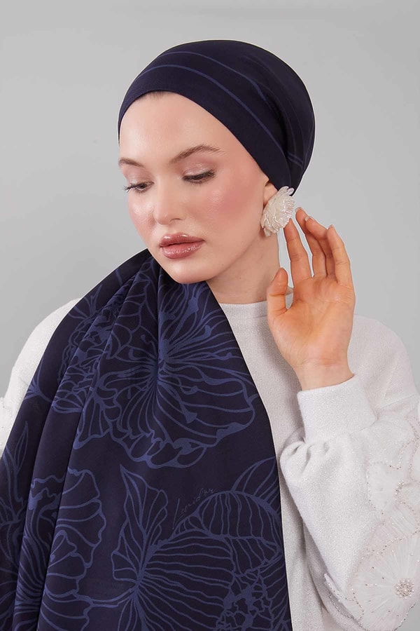 LevidorMavi Sümbül Çiçek Desen Yün İpek Şal