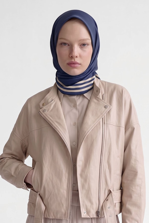 LevidorMavi Üç Çizgi Detaylı Twill İpek Eşarp