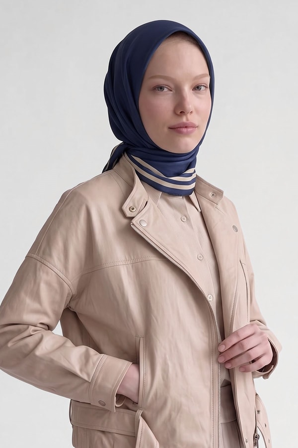 LevidorMavi Üç Çizgi Detaylı Twill İpek Eşarp