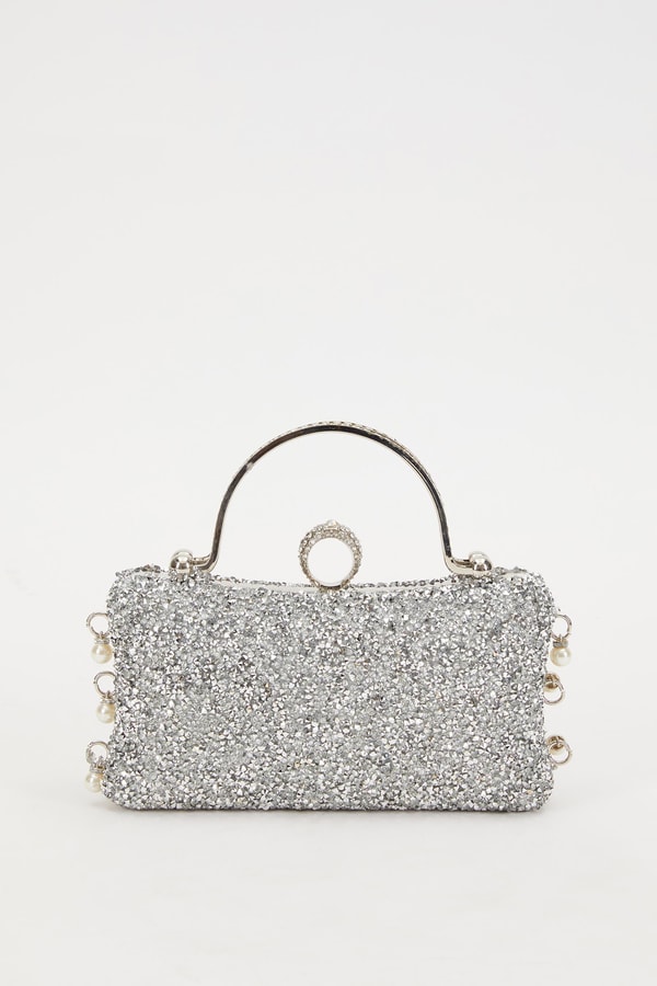 LevidorMini Gümüş Beyaz Taş İşleme Saplı Abiye El Çantası