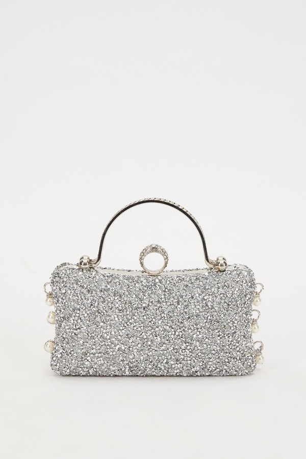 LevidorMini Gümüş Beyaz Taş İşleme Saplı Abiye El Çantası