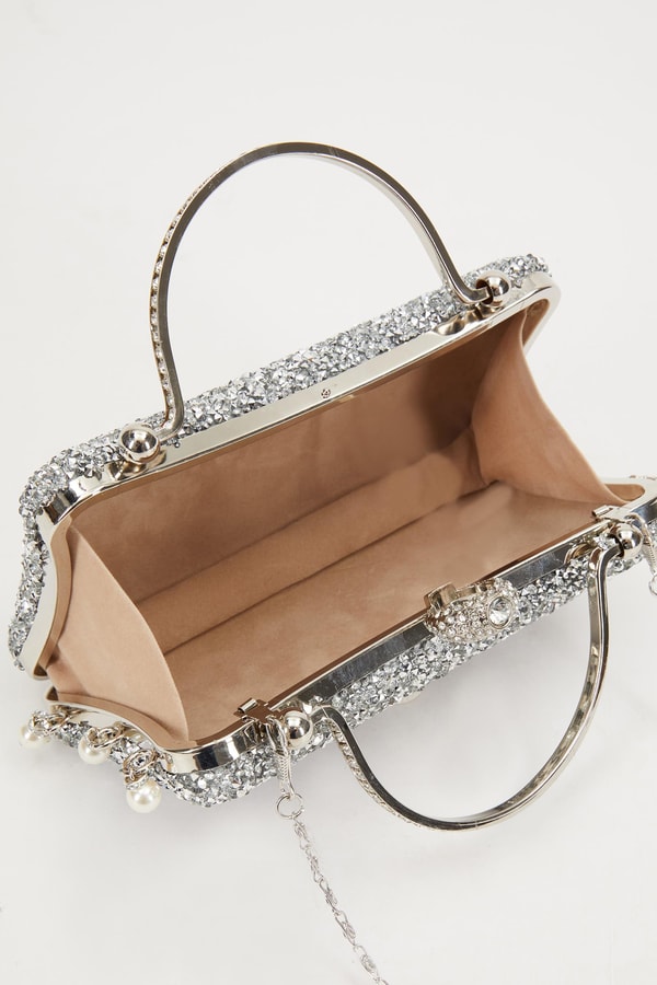 LevidorMini Gümüş Beyaz Taş İşleme Saplı Abiye El Çantası