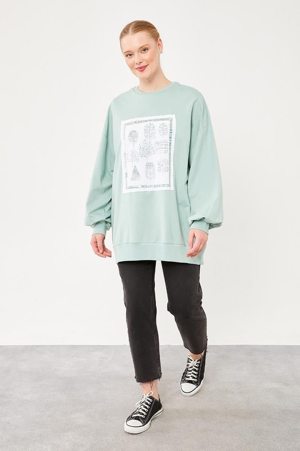 LevidorMint Yeşili Bisiklet Yaka Baskılı Sweat