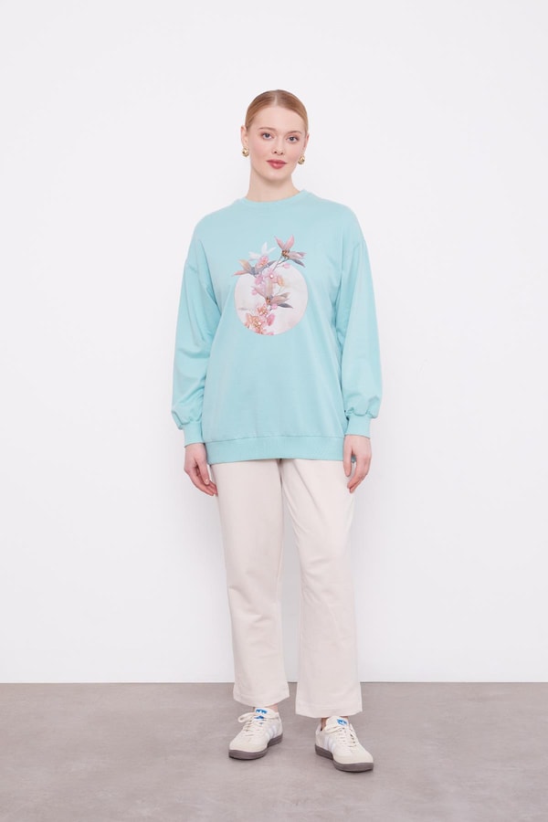 LevidorMint Yeşili Çiçek Baskılı Bisiklet Yaka Sweat