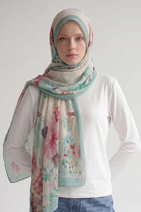 LevidorMint Yeşili Çiçek Desen Müslin Şal
