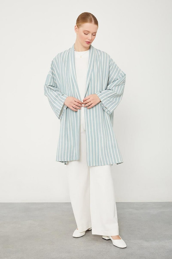 LevidorMint Yeşili Çizgili Desen Kimono Takım
