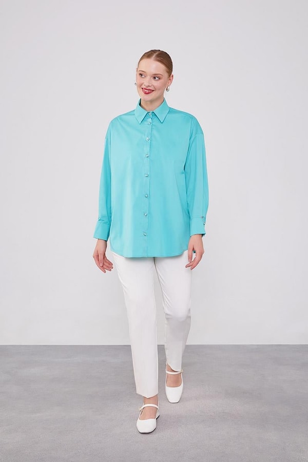 LevidorMint Yeşili Düğme Detaylı Gömlek