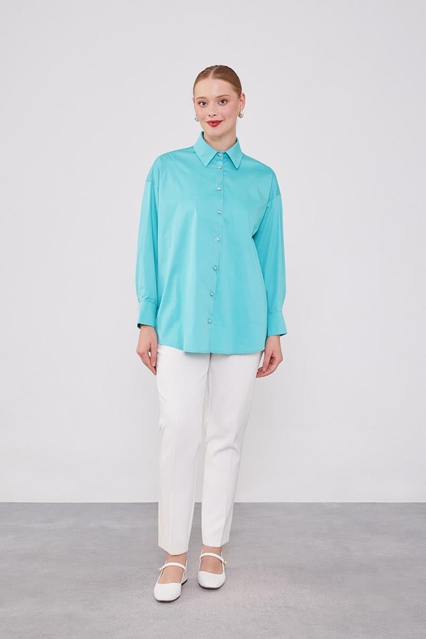 LevidorMint Yeşili Düğme Detaylı Gömlek