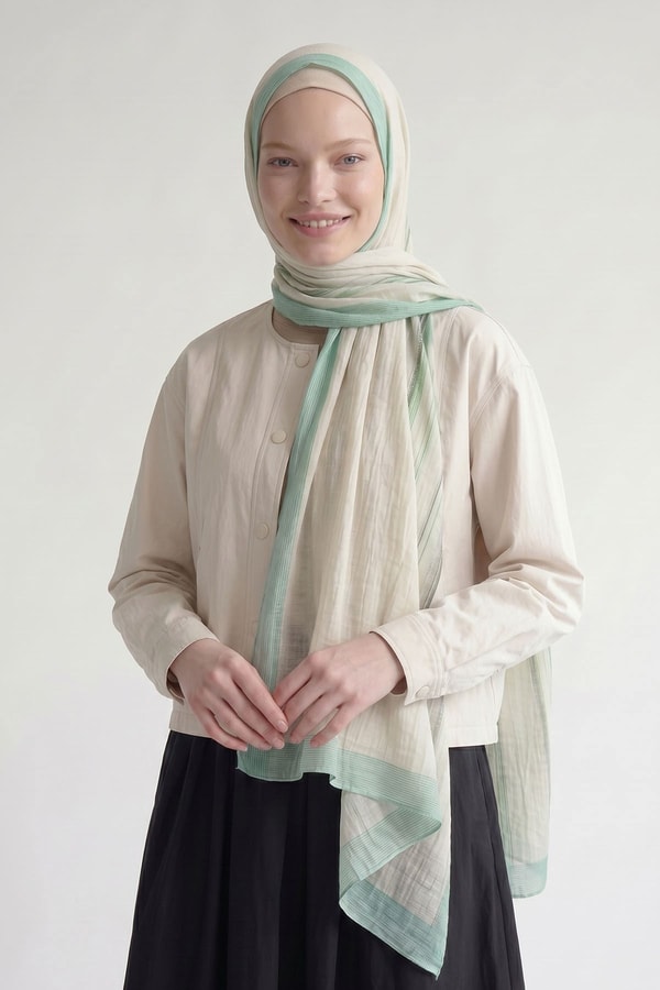 LevidorMint Yeşili Kenarları Çizgili Müslin Şal