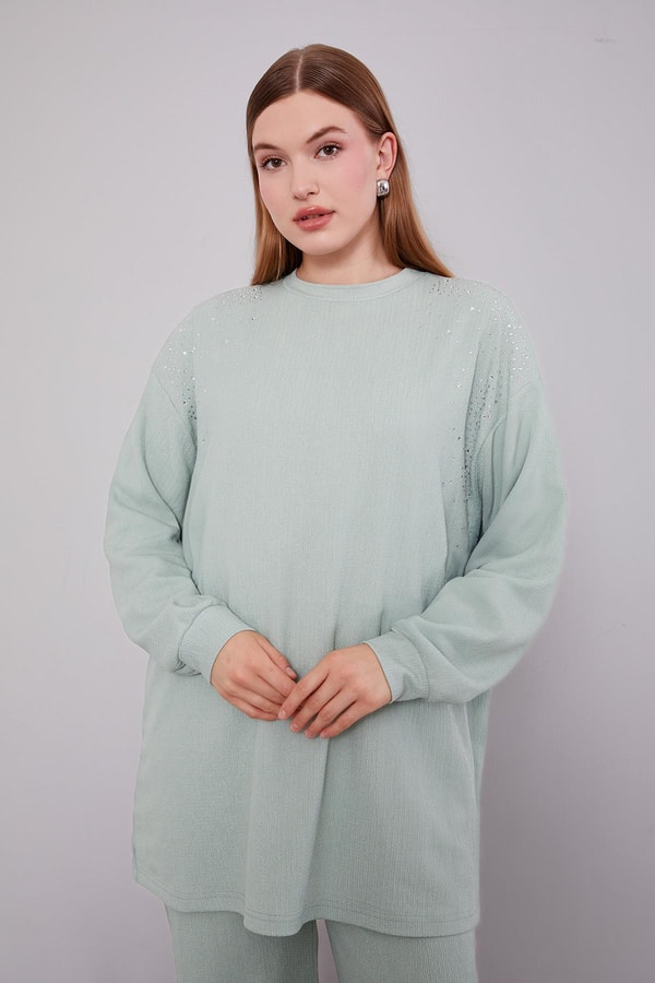 LevidorMint Yeşili Omzu Taş İşlemeli İkili Takım