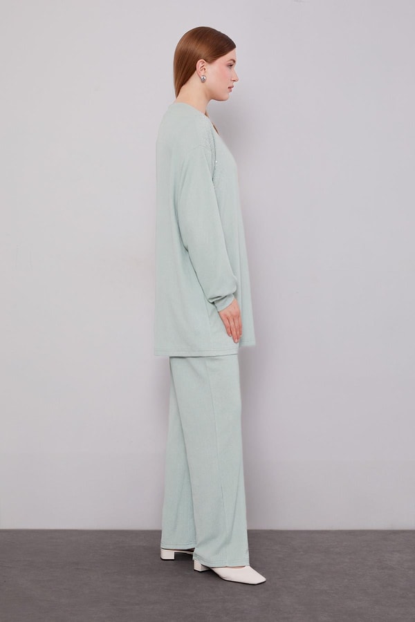 LevidorMint Yeşili Omzu Taş İşlemeli İkili Takım