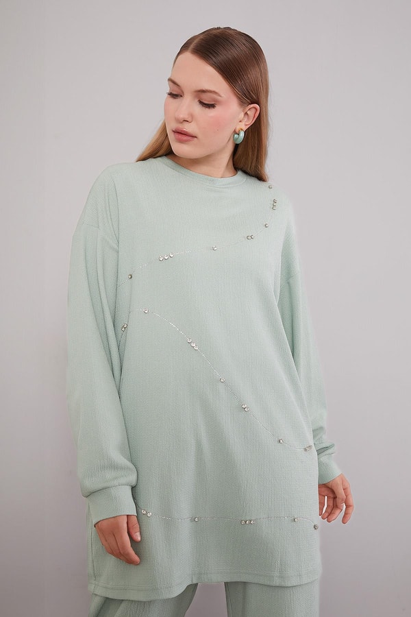 LevidorMint Yeşili Şerit Taş Detaylı İkili Takım