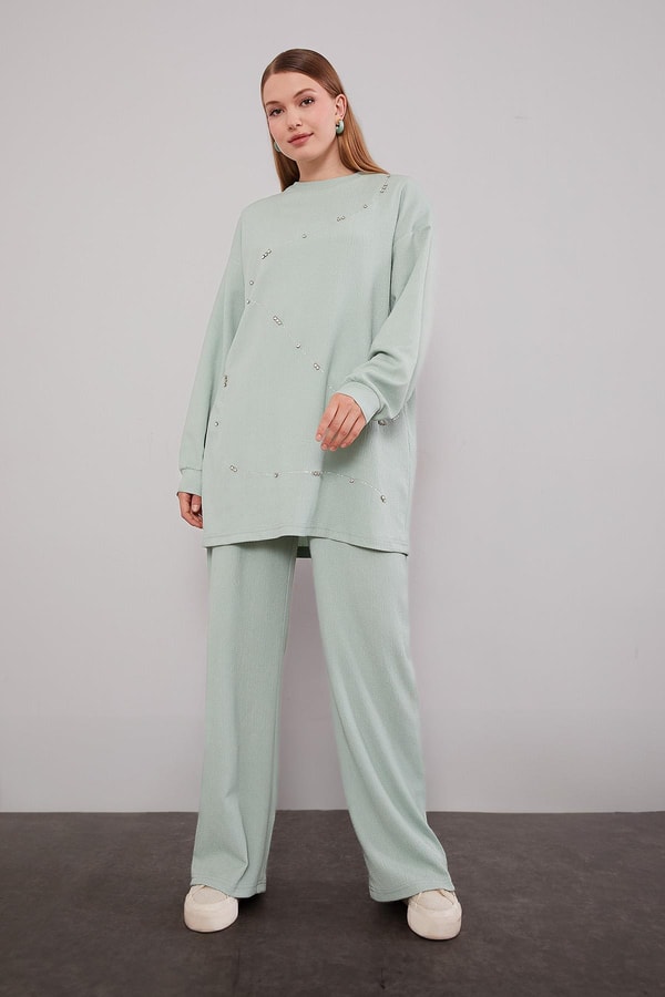 LevidorMint Yeşili Şerit Taş Detaylı İkili Takım