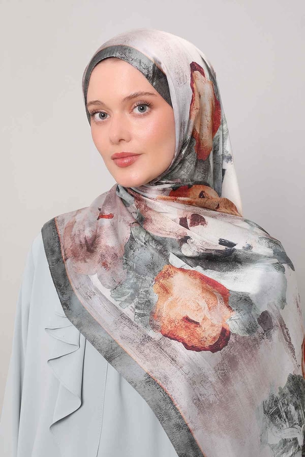 LevidorMint Yeşili Soyut Çiçek Desen Hint İpeği Şal