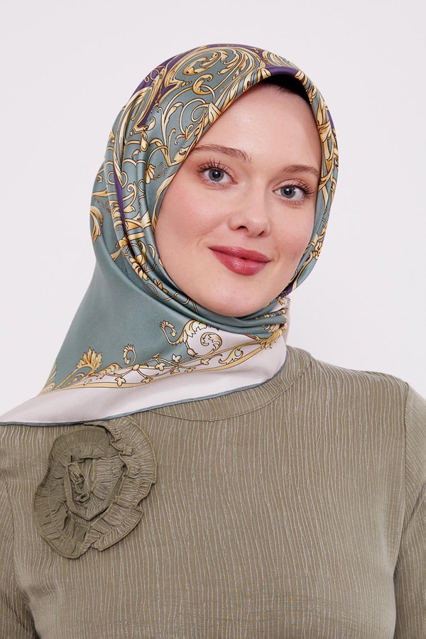 LevidorMint Yeşili Varak Desenli Twill İpek Eşarp