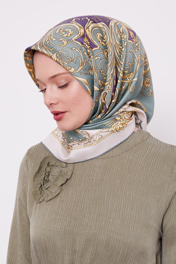 LevidorMint Yeşili Varak Desenli Twill İpek Eşarp