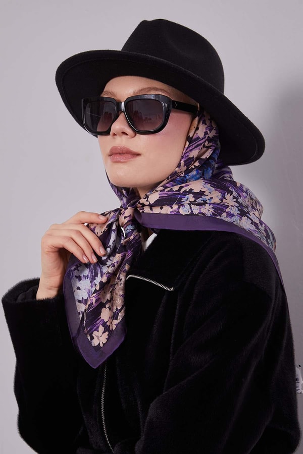 LevidorMor Çiçekli Soyut Desen Twill İpek Eşarp