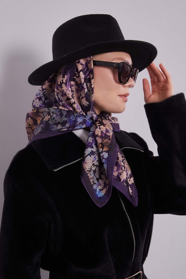 LevidorMor Çiçekli Soyut Desen Twill İpek Eşarp