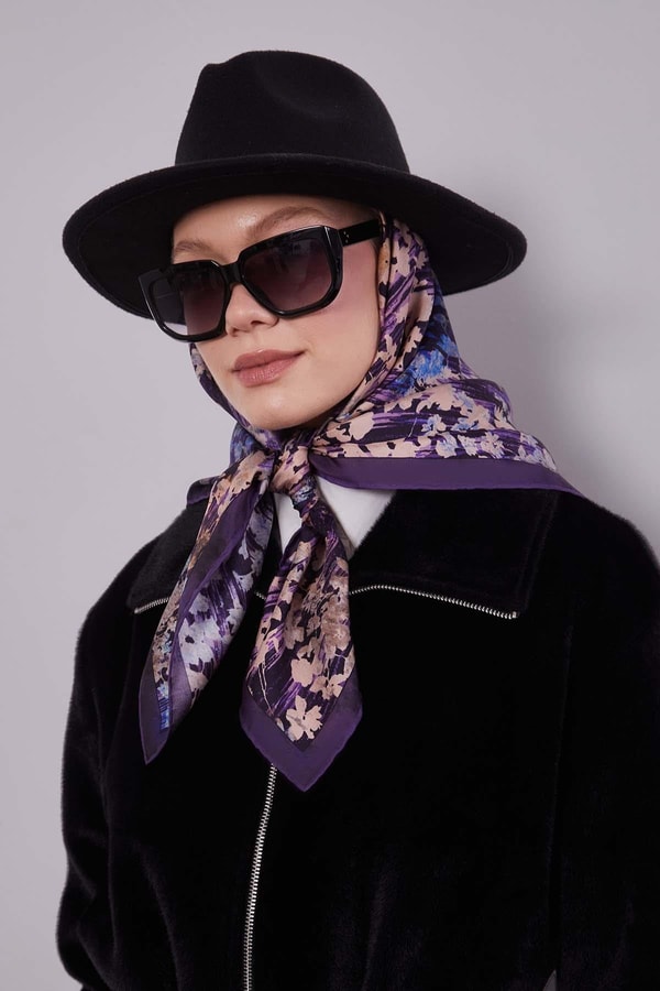 LevidorMor Çiçekli Soyut Desen Twill İpek Eşarp