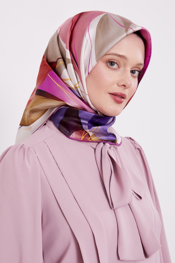 LevidorMor İnce Yaprak Desen Twill İpek Eşarp