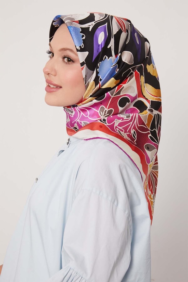 LevidorMor Karışık Çiçek Desen Twill İpek Eşarp