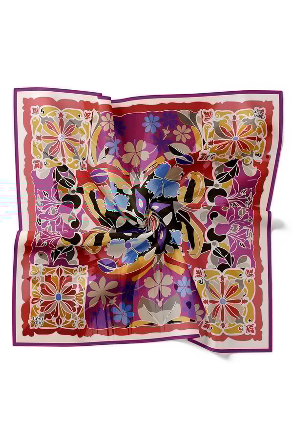 LevidorMor Karışık Çiçek Desen Twill İpek Eşarp