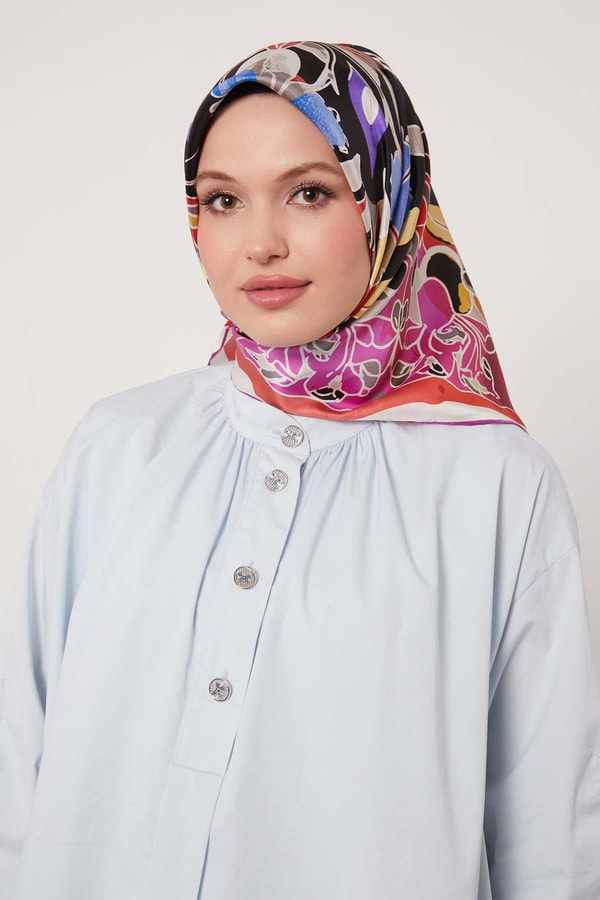 LevidorMor Karışık Çiçek Desen Twill İpek Eşarp