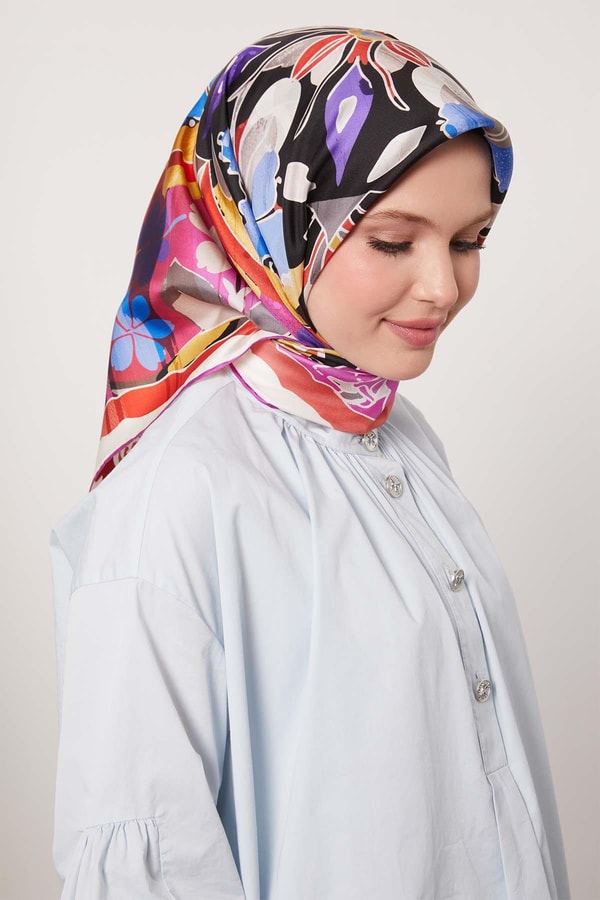 LevidorMor Karışık Çiçek Desen Twill İpek Eşarp