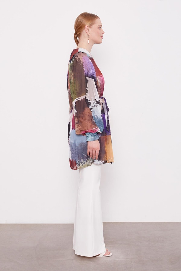 LevidorMor Karışık Fırça Desen Şifon Tunik