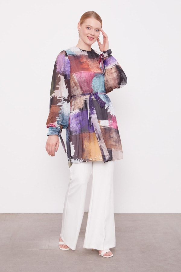 LevidorMor Karışık Fırça Desen Şifon Tunik