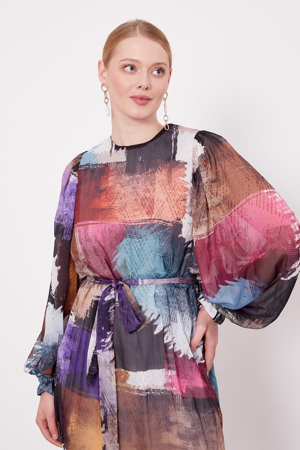 LevidorMor Karışık Fırça Desen Şifon Tunik