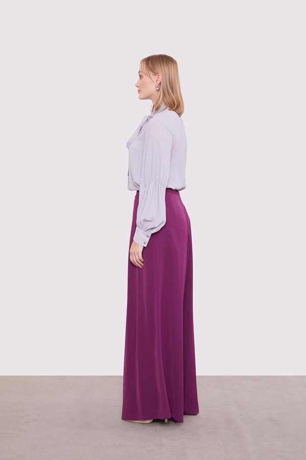 LevidorMor Pile Detaylı Bol Paça Pantolon