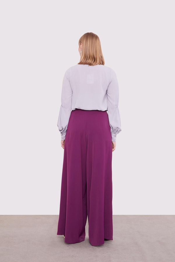 LevidorMor Pile Detaylı Bol Paça Pantolon