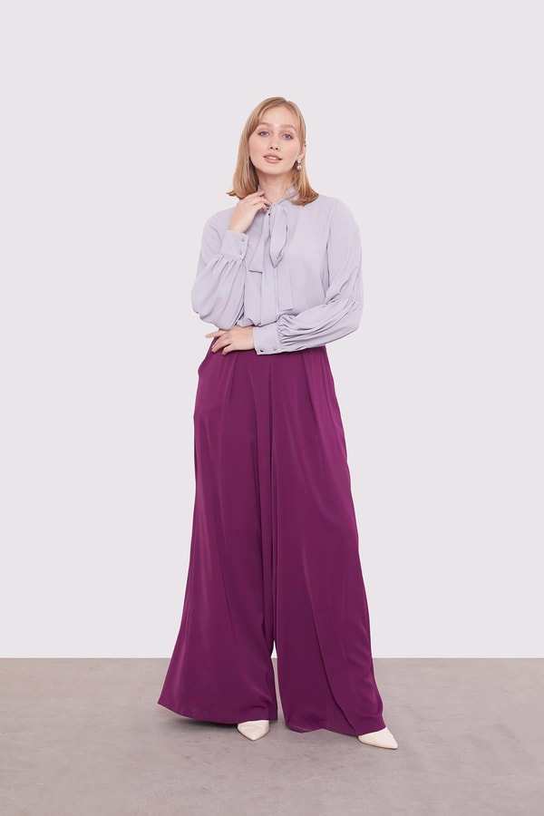 LevidorMor Pile Detaylı Bol Paça Pantolon