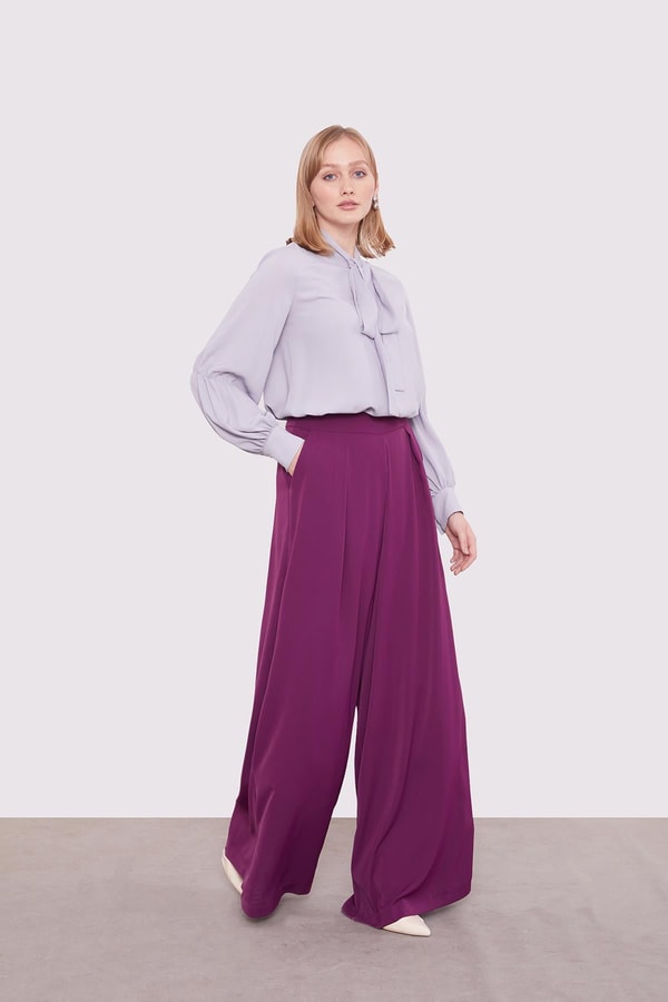 LevidorMor Pile Detaylı Bol Paça Pantolon